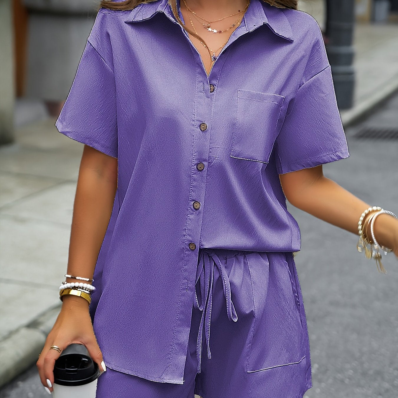 Two-Piece Solid Casual Outfit Set - Elegant Button Front Turn Down Collar Mid-Length Shirt & Drawstring Elastic Waist Shorts - Polyester Woven, Spring/Summer Wear, No Sheer, No Printing, Lace-Up Closure