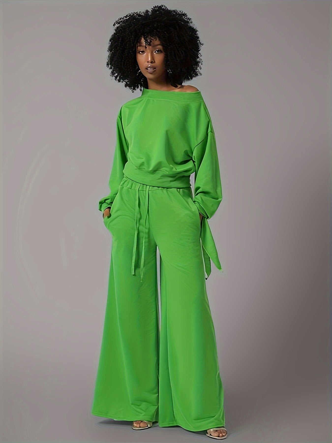 One Set Fashionable Outfit - Chic One-shoulder Long Sleeve Knot Top & Flowy Wide Leg Pants - Solid Color, Womens Stylish Clothing for Daily Wear or Special Occasions