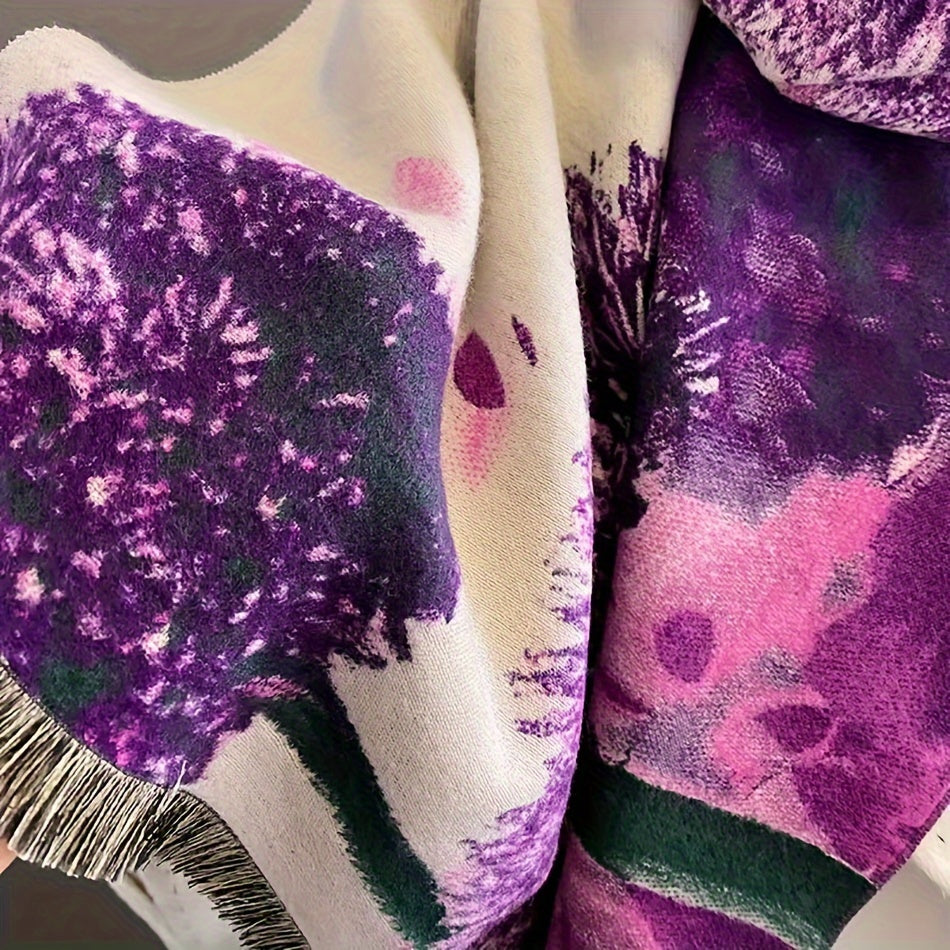 Purple Soft Jacquard Elegant Scarf - Warm, Windproof, Coldproof, Fringe Shawl for Autumn Winter Commuters - Stylish, Cozy, and Versatile Accessory for Women