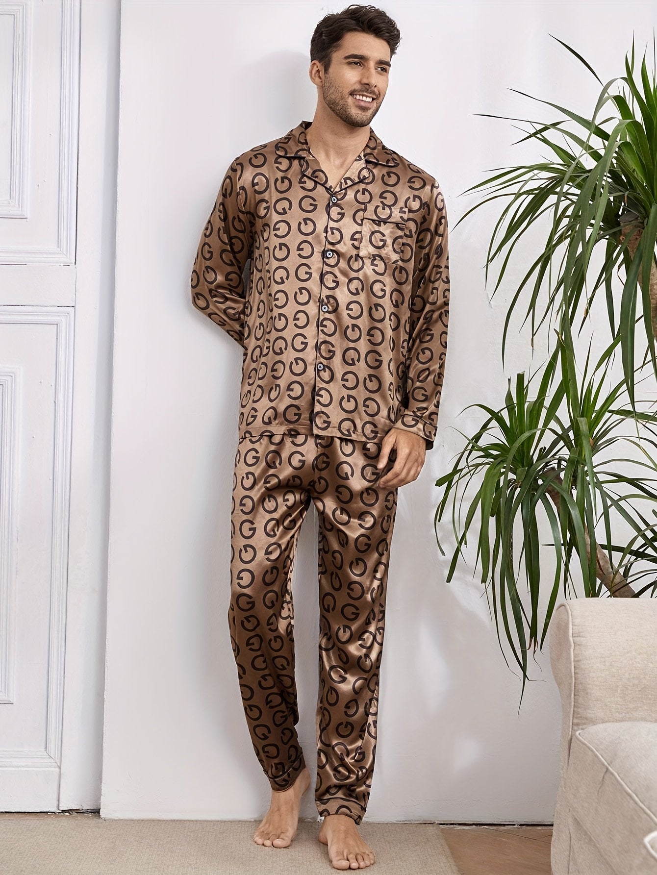 2 Pcs Men's Silky Trendy Geometric Print Open Front Long Sleeve & Trousers Pajama Sets, Comfortable & Skin-friendly Style Pajamas For Men's Cozy Loungewear