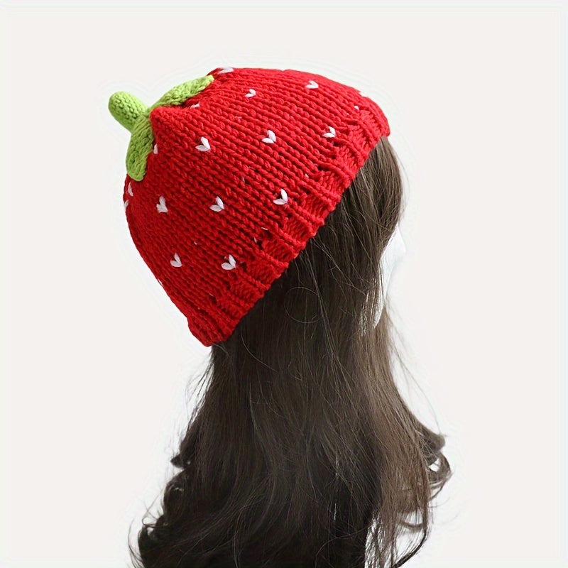 Adorable Red Strawberry Cartoon Beanie - Soft Knit Elastic Skull Cap for Warmth, Daily Wear, Autumn & Winter Use, Fashionable Women's Accessories