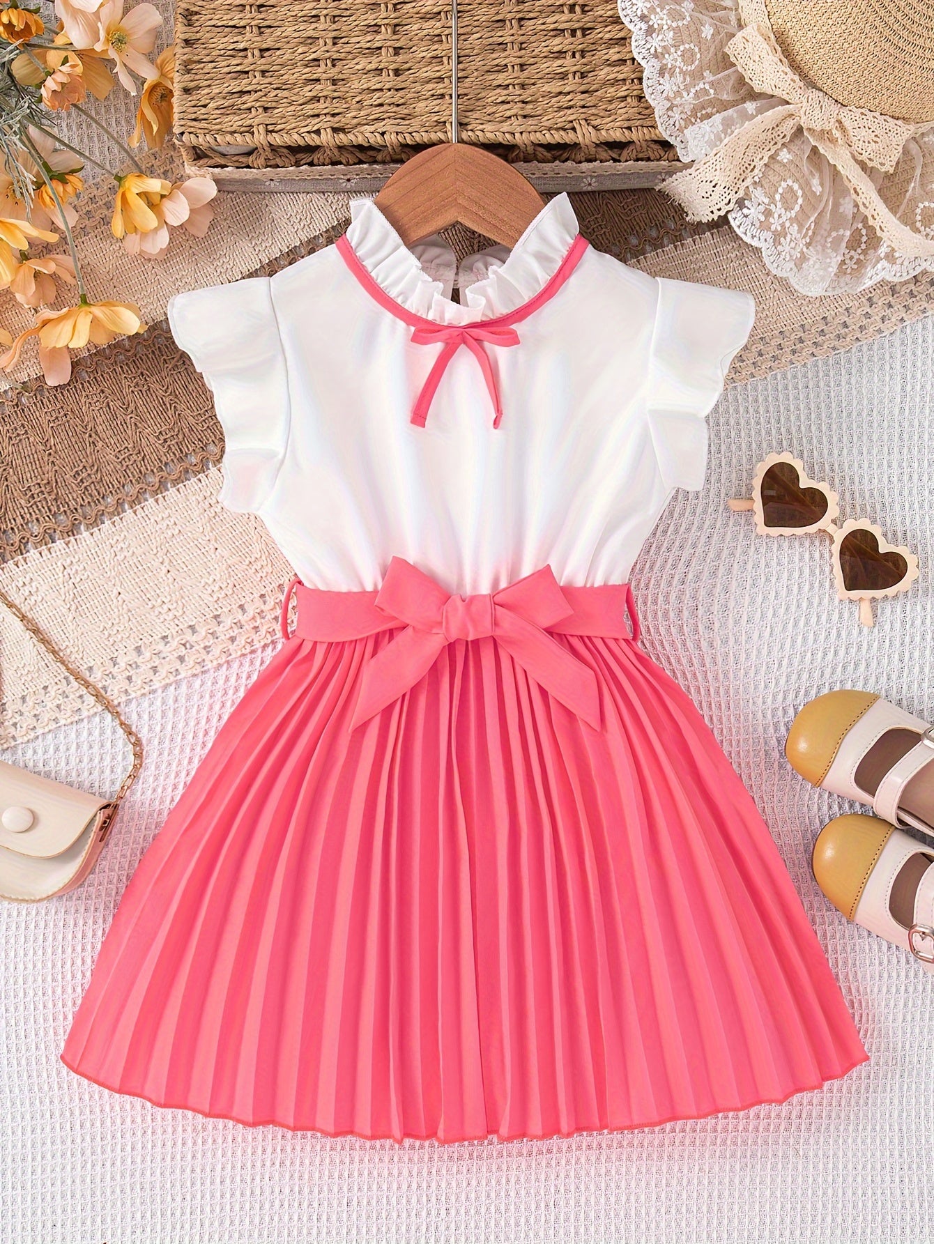 Fashionable Girls Bow Strapped Dress with Ruffle Trim - Adorable Splicing Design for Comfortable Summer Holidays & Parties - A Perfect Gift Idea