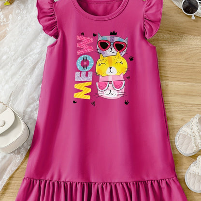 Casual Cartoon Cat Ruffle Trim Crew Neck Dress for Girls - Vibrant Graphic Print, Flying Sleeve, Trendy Summer Outfit - Fun and Playful Design for Little Fashionistas