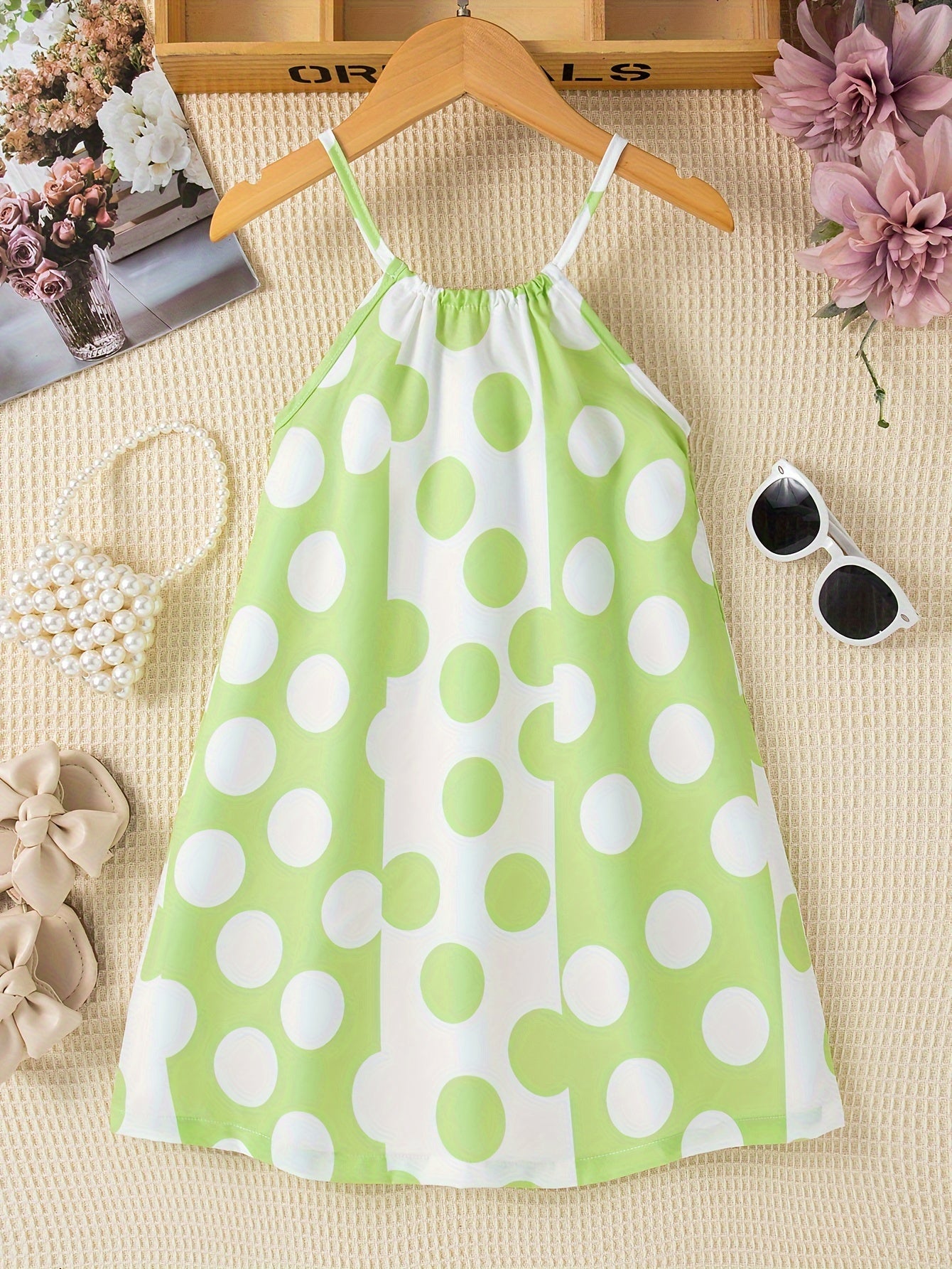 Girls Charming Polka Dot Summer Dress - Chic Thin Straps, Sleeveless, Vibrant Print, Regular Fit, Knee-Length - Ideal for Stylish Casual Outings