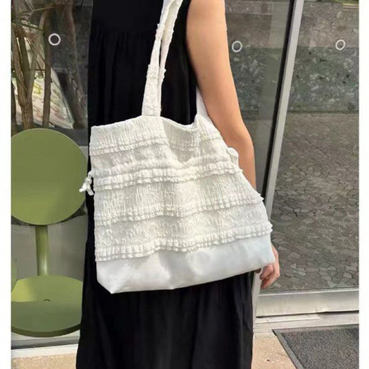 Canvas Bag Cream Lace Silk Pouch Closed Tote Bag Student Class Bag Commuter Bag Niche Drawstring Cloth Shoulder Bag