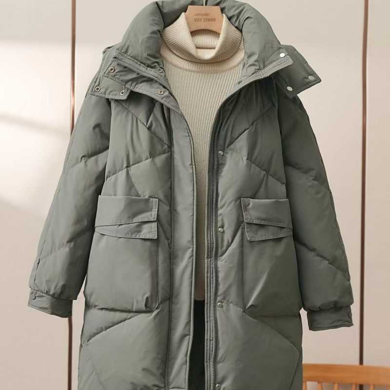 2023 new medium and long green down cotton-padded clothes women's loose cotton-padded clothes winter thickened warm large-size cotton-padded jacket