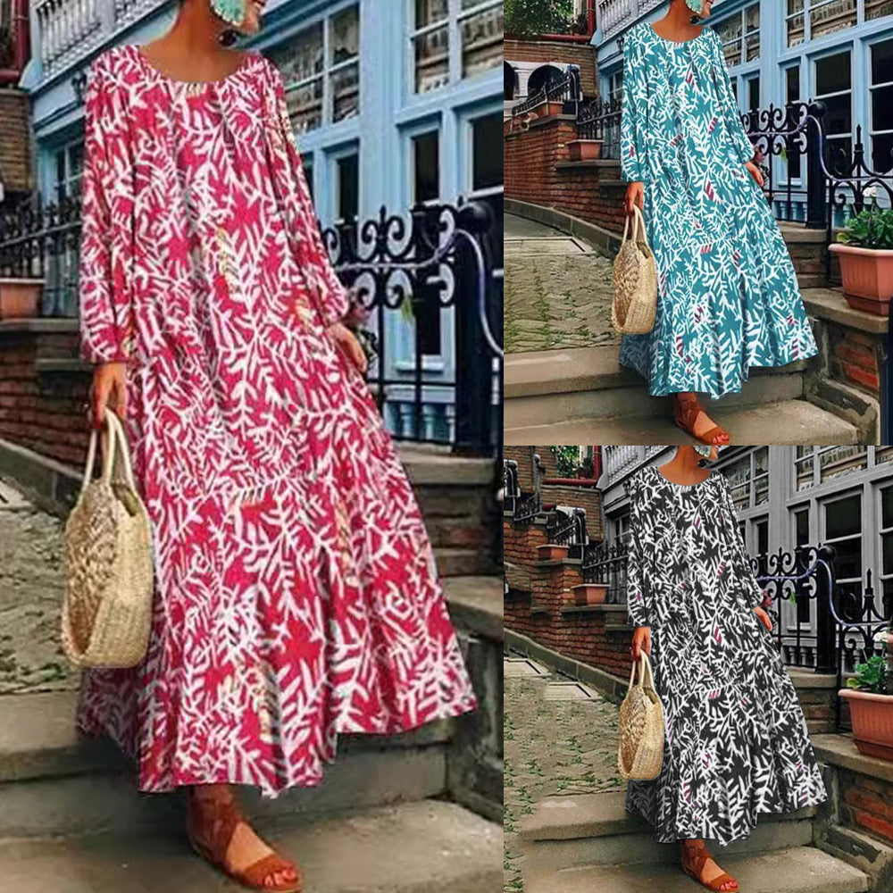 2025 spring clothing 2025 summer new Popular trade women's clothing ebay digital printing long-sleeved dress casual long dress