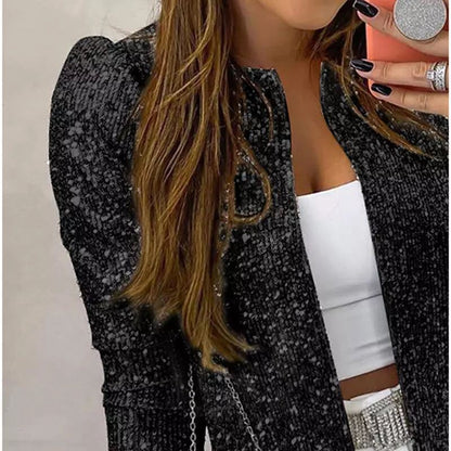 2025 New spring new 2025 women's clothing fashion stand-up collar color matching sequined jacket short casual versatile small coat