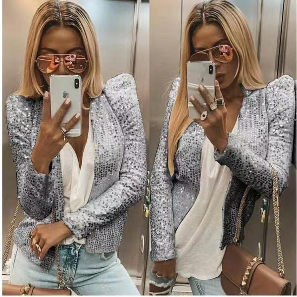 2025 New spring new 2025 women's clothing fashion stand-up collar color matching sequined jacket short casual versatile small coat