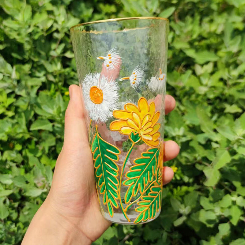 Hand-painted hammer crystal glass, home creative ins style, flower glass water cup, high-value women's gift