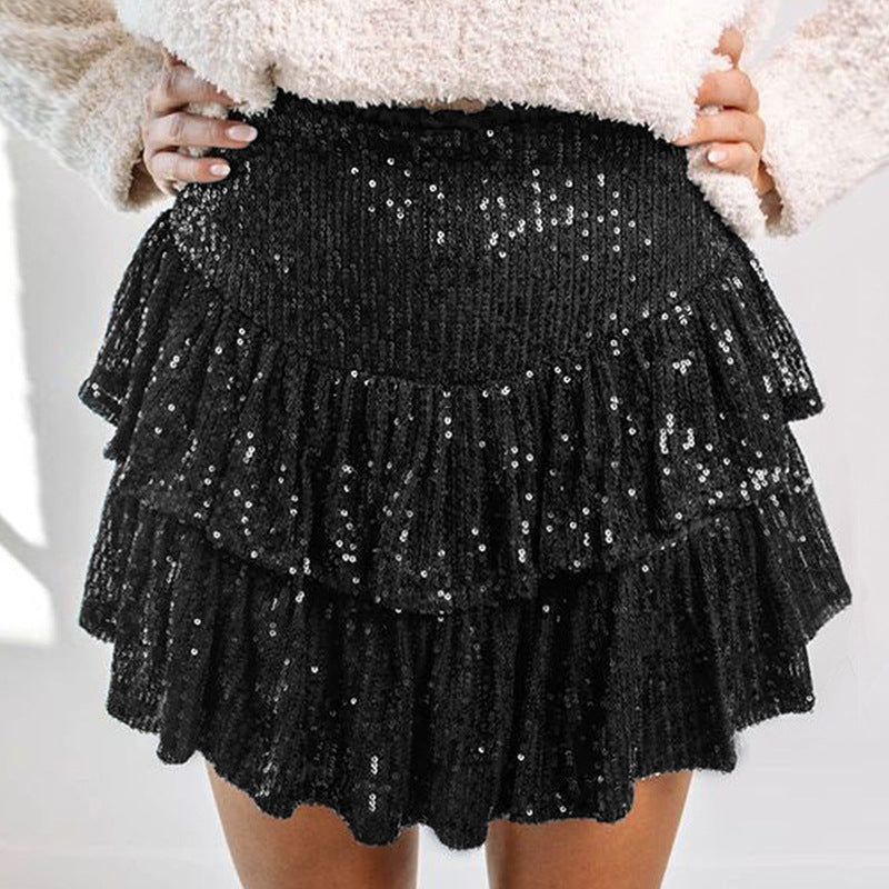 Cross-border 2025 new Spice Girl beaded skirt women's autumn  sequined sexy skirt solid color pleated skirt