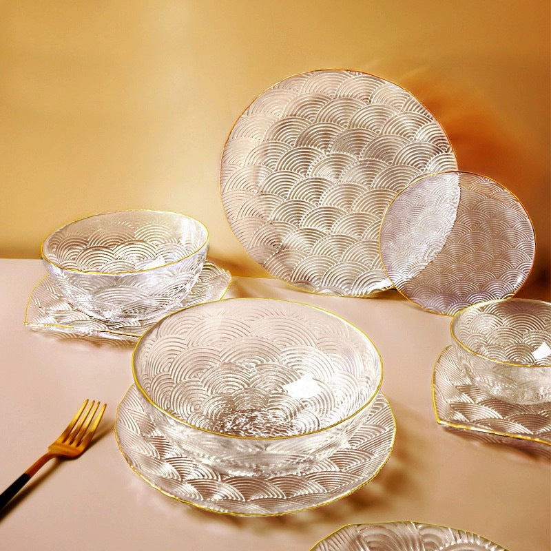 High value auspicious cloud pattern fruit plate household glass plate fruit plate flat plate Phnom Penh transparent salad bowl dessert plate