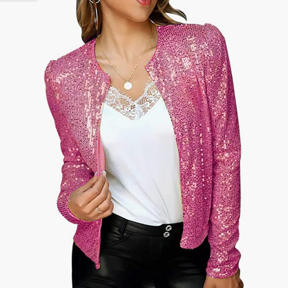 2025 New spring new 2025 women's clothing fashion stand-up collar color matching sequined jacket short casual versatile small coat