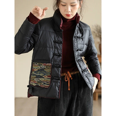 Ancient coffee clothing autumn and winter new products retro ethnic style buckle white duck down jacket literary stand-up collar warm jacket women