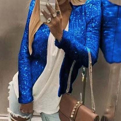 2025 New spring new 2025 women's clothing fashion stand-up collar color matching sequined jacket short casual versatile small coat