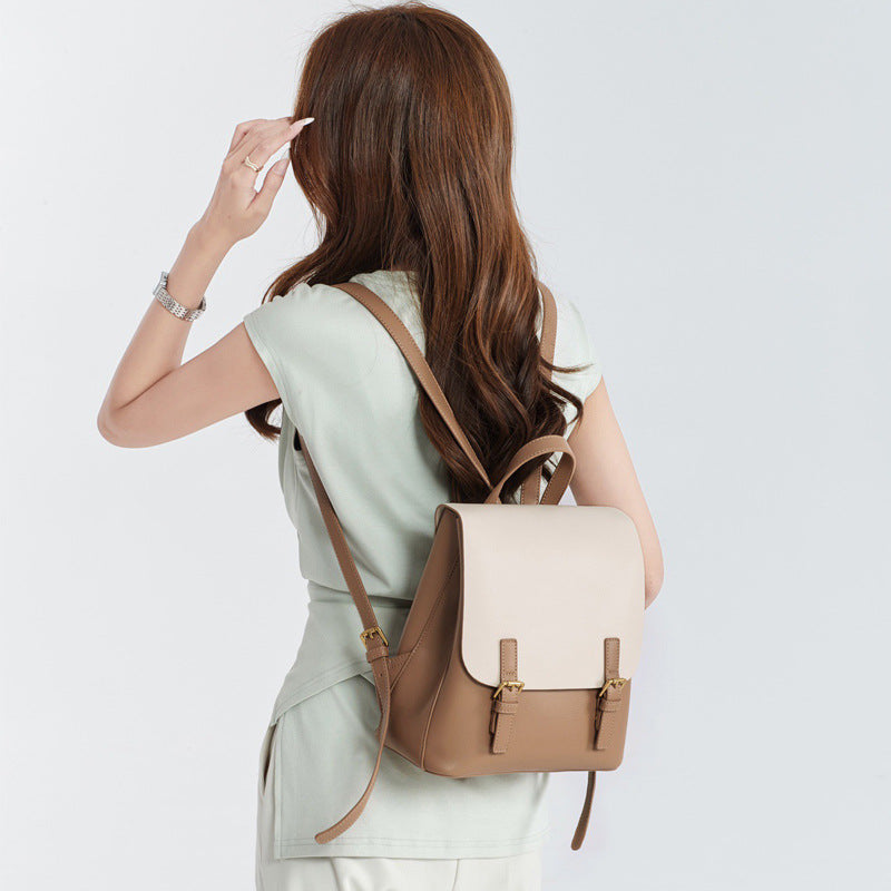 SEALBEER popular new leather backpack women's Korean version contrasting color cowhide bag fashion trend soft leather student schoolbag women's backpack