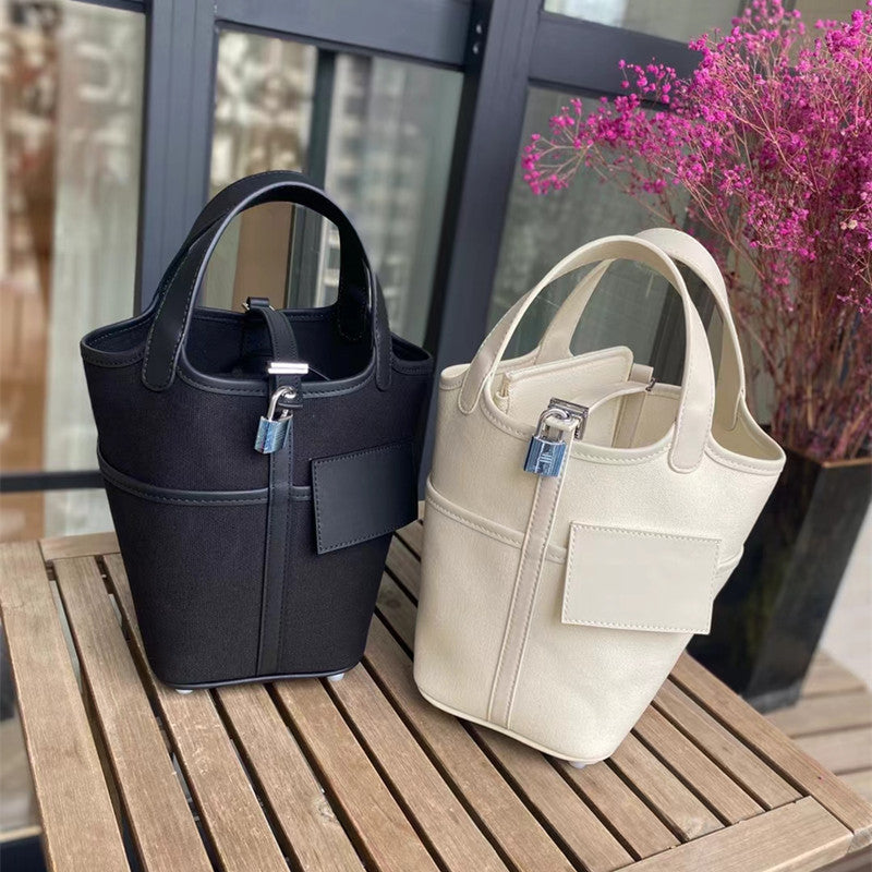 SEALBEER Hot trade new canvas vegetable basket bag SWIFT cowhide with canvas splicing vegetable basket bucket bag hand bag