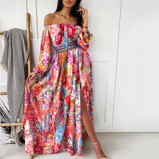 2025 New summer evening dress 2025 printed dress one-word shoulder pullover retro long-sleeved pendulum split long dress