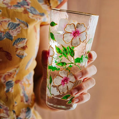 Hand-painted hammer crystal glass, home creative ins style, flower glass water cup, high-value women's gift