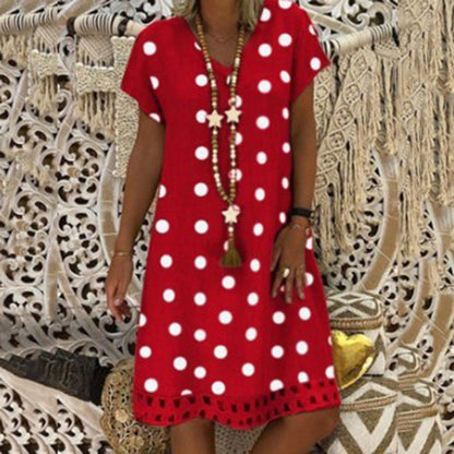 2025 New spring and summer new  2025 women's dress fashion polka dot short-sleeved V-neck printed skirt