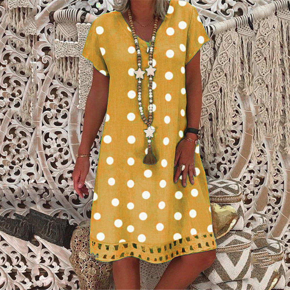 2025 New spring and summer new  2025 women's dress fashion polka dot short-sleeved V-neck printed skirt