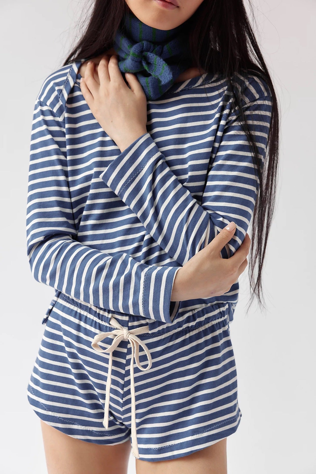 MOMENTLOVER New Cross-border Europe, America, , popular women's versatile contrasting colors, striped long-sleeved sweater, shorts set, two-piece set