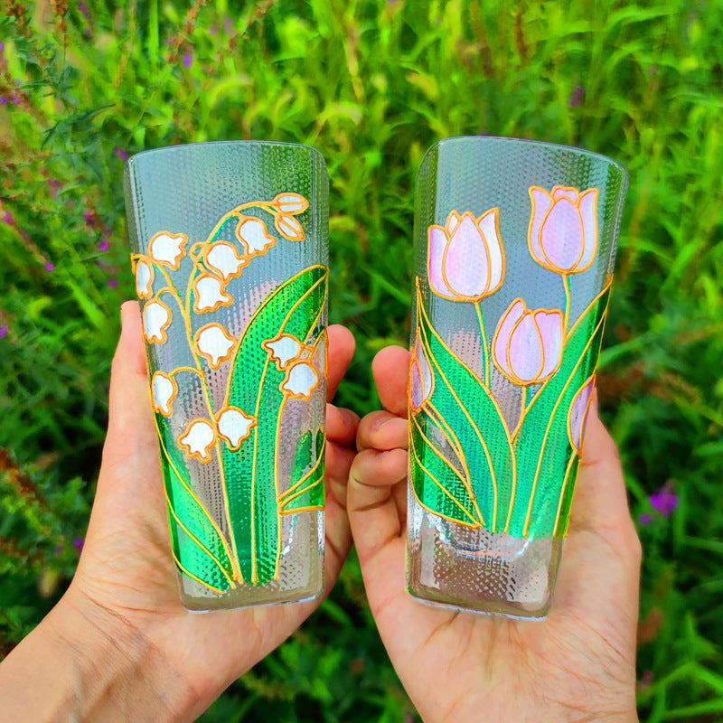 High value crystal glass lily of the valley female cup creative wine glass three-dimensional hand-painted flower juice milk cup wholesale