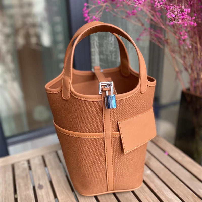 SEALBEER Hot trade new canvas vegetable basket bag SWIFT cowhide with canvas splicing vegetable basket bucket bag hand bag