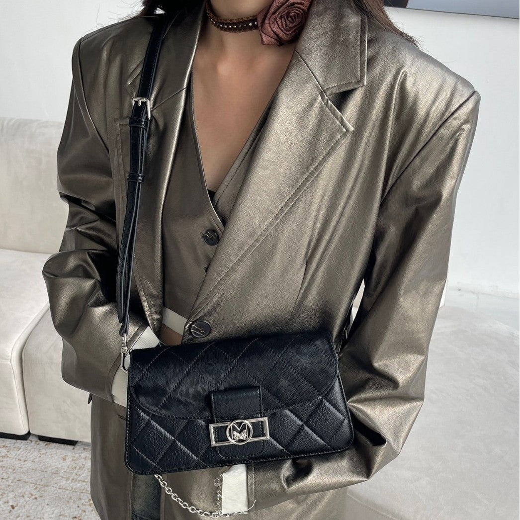 SEALBEER Niche leather horse hair small square bag chain underarm bag women's popular autumn and winter new diamond one shoulder messenger bag women