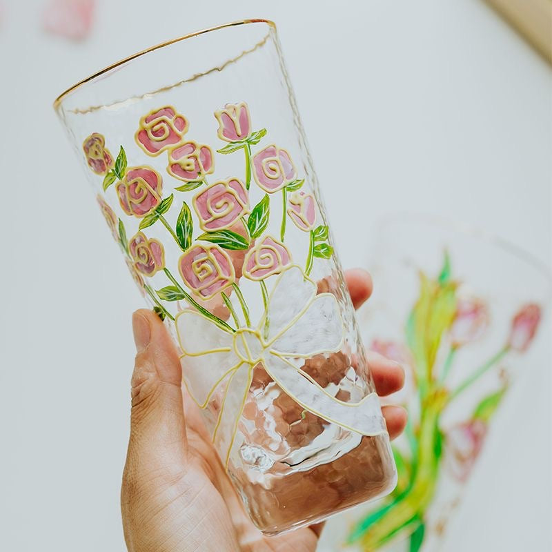 Hand-painted hammer crystal glass, home creative ins style, flower glass water cup, high-value women's gift