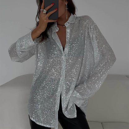 2025 spring and summer 2025 new bead top lapel long-sleeved cardigan basic New women's shirt jacket