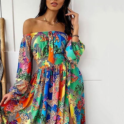 2025 New summer evening dress 2025 printed dress one-word shoulder pullover retro long-sleeved pendulum split long dress