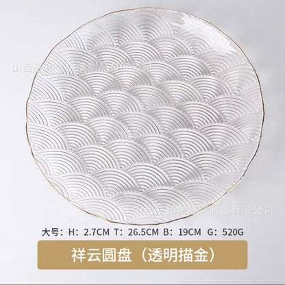 High value auspicious cloud pattern fruit plate household glass plate fruit plate flat plate Phnom Penh transparent salad bowl dessert plate