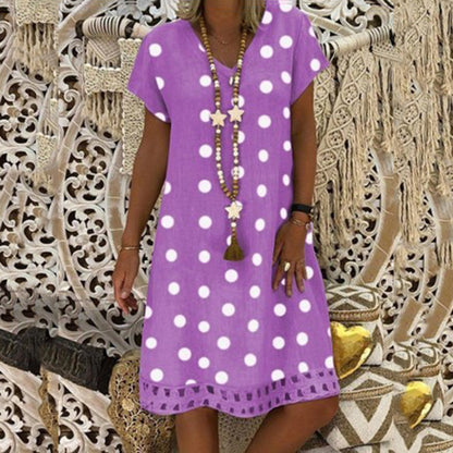 2025 New spring and summer new  2025 women's dress fashion polka dot short-sleeved V-neck printed skirt