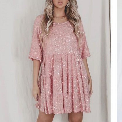 2025 2025 Popular trade new direct sales color fashion sequin round neck loose waist short sleeve dress banquet dress