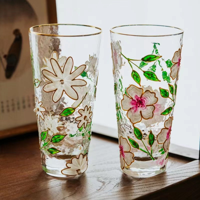 Hand-painted hammer crystal glass, home creative ins style, flower glass water cup, high-value women's gift