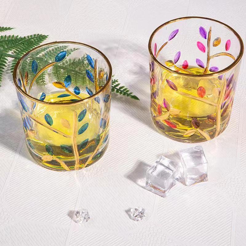 High-value Italian water cup, leaf pattern, hand-painted gold, colored crystal glass, whiskey, Popular wine, beverage cup