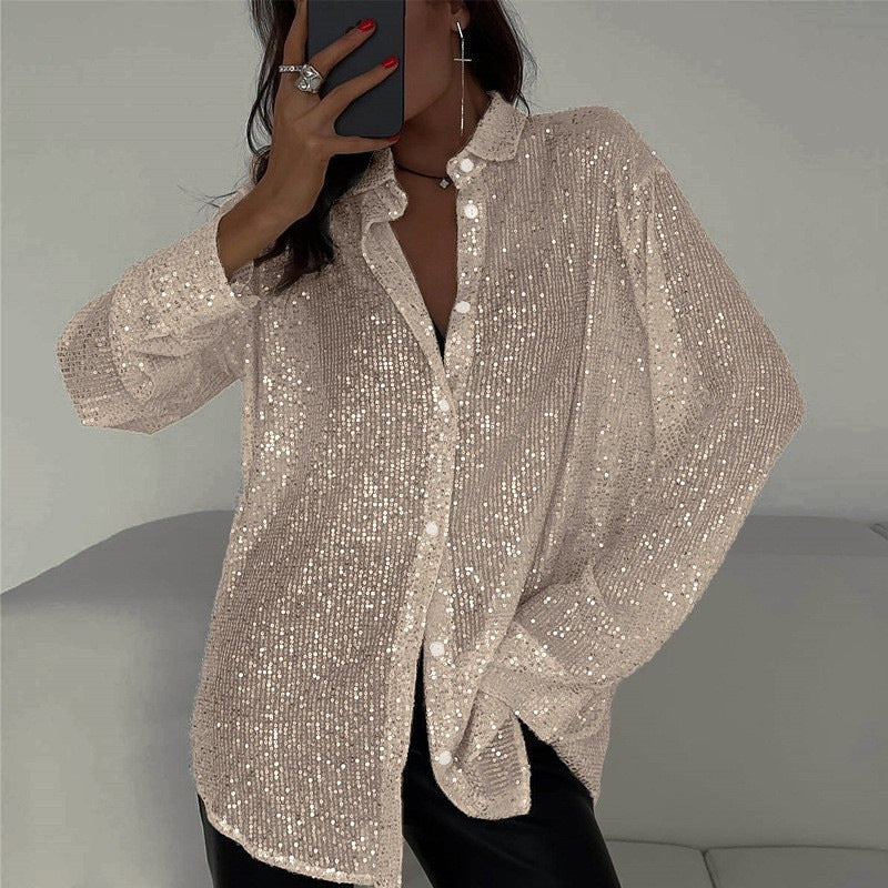 2025 spring and summer 2025 new bead top lapel long-sleeved cardigan basic New women's shirt jacket