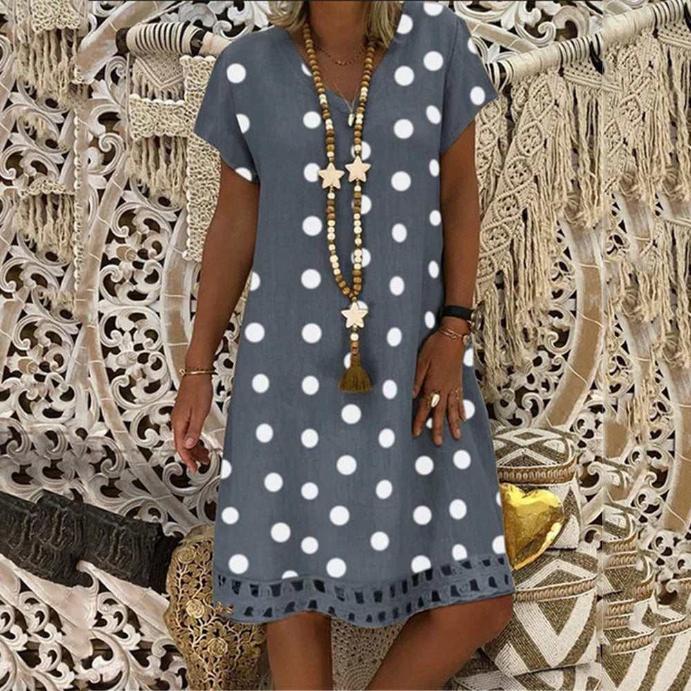 2025 New spring and summer new  2025 women's dress fashion polka dot short-sleeved V-neck printed skirt