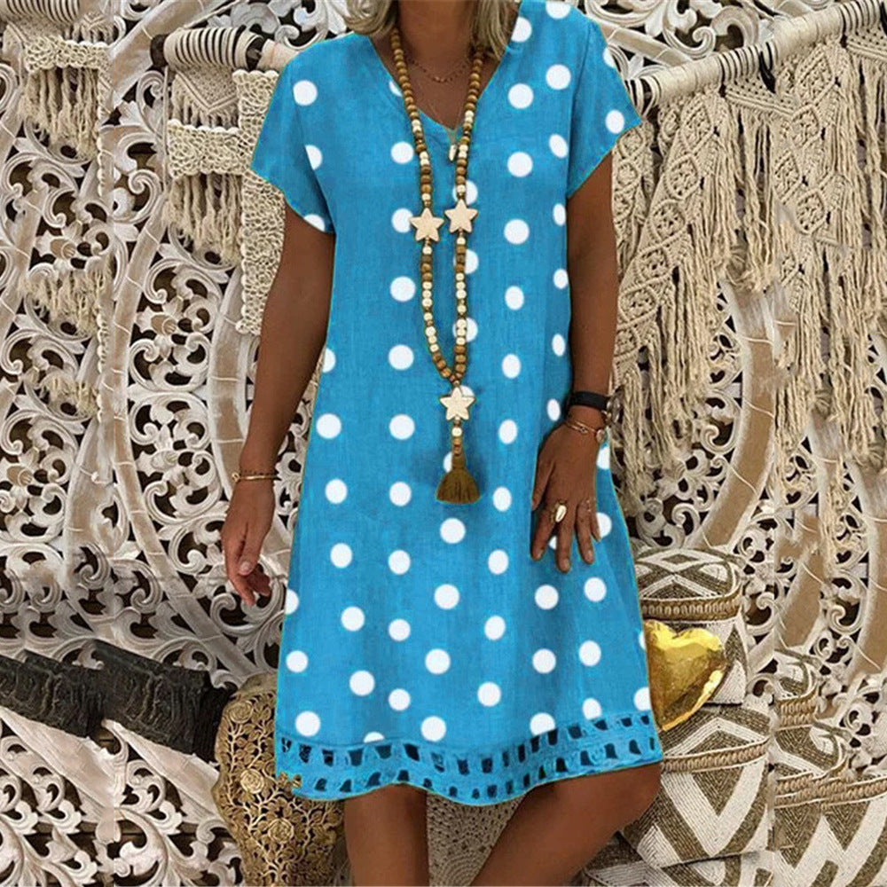 2025 New spring and summer new  2025 women's dress fashion polka dot short-sleeved V-neck printed skirt