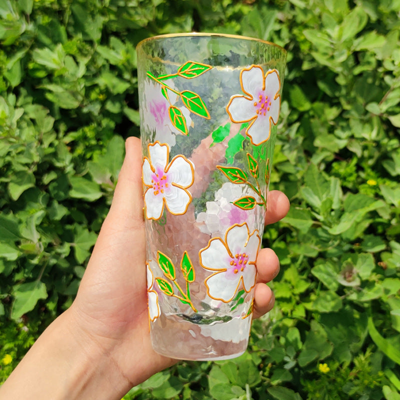 Hand-painted hammer crystal glass, home creative ins style, flower glass water cup, high-value women's gift