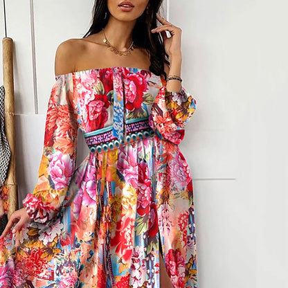 2025 New summer evening dress 2025 printed dress one-word shoulder pullover retro long-sleeved pendulum split long dress