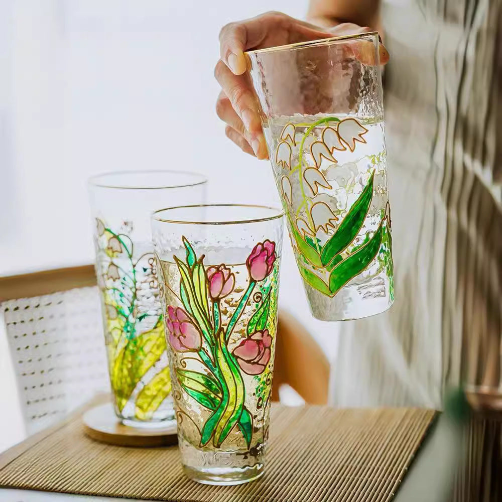 Hand-painted hammer crystal glass, home creative ins style, flower glass water cup, high-value women's gift