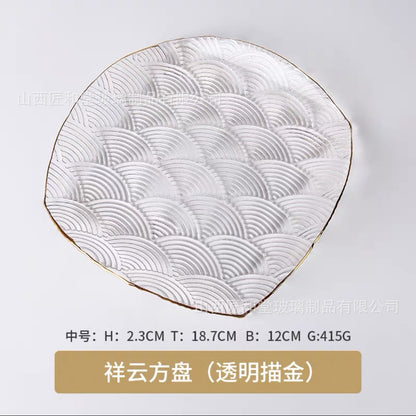 High value auspicious cloud pattern fruit plate household glass plate fruit plate flat plate Phnom Penh transparent salad bowl dessert plate