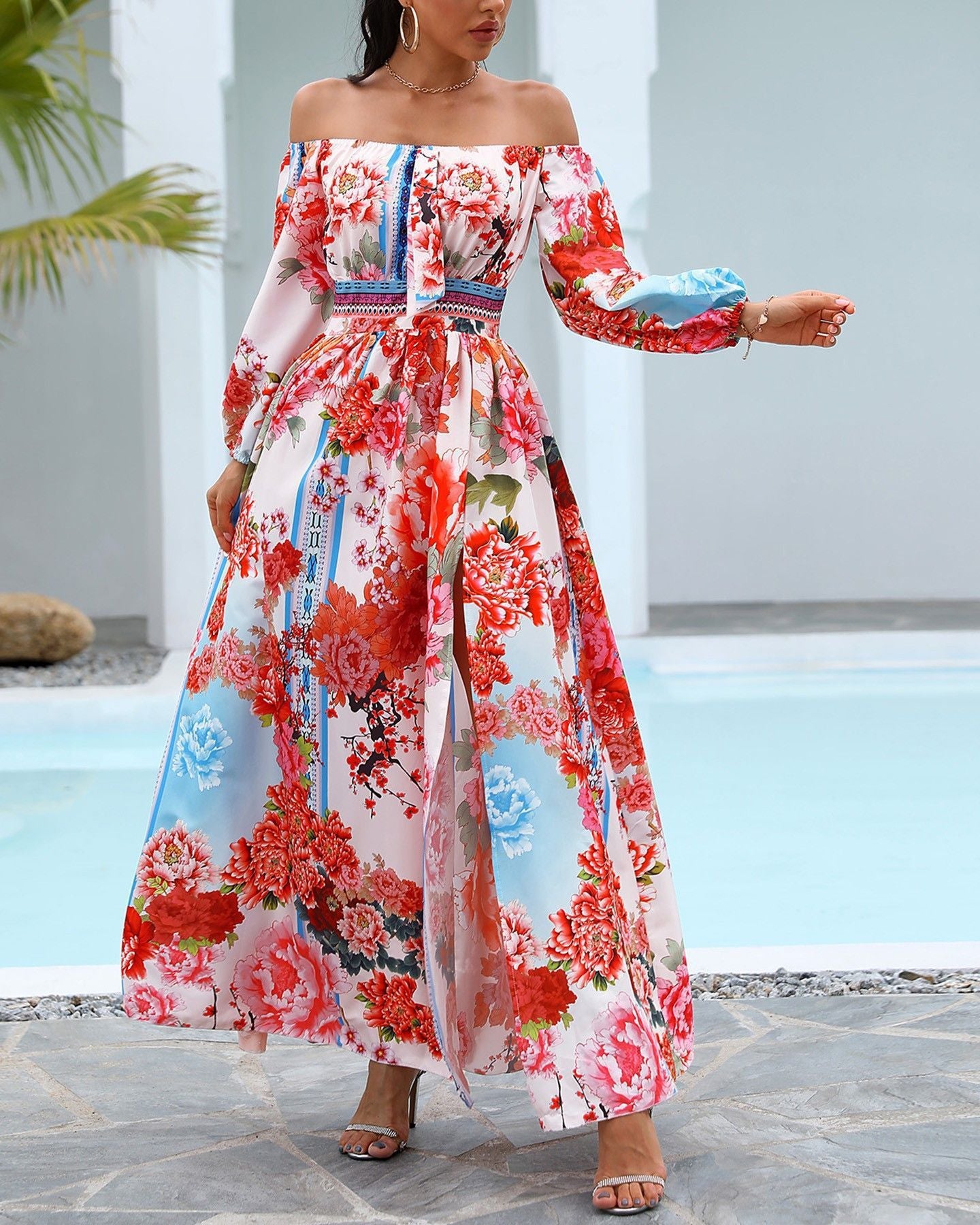 2025 New summer evening dress 2025 printed dress one-word shoulder pullover retro long-sleeved pendulum split long dress