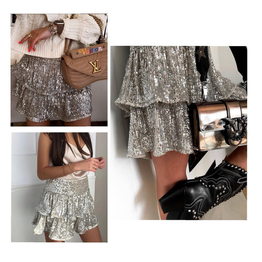 Cross-border 2025 new Spice Girl beaded skirt women's autumn  sequined sexy skirt solid color pleated skirt