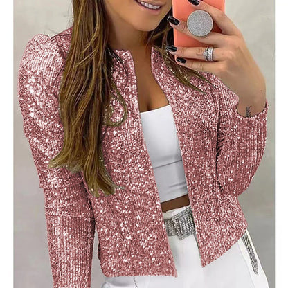 2025 New spring new 2025 women's clothing fashion stand-up collar color matching sequined jacket short casual versatile small coat