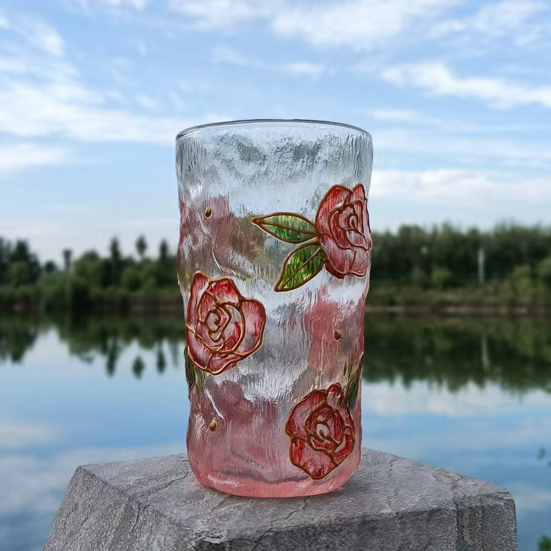 Hand-painted hammer crystal glass, home creative ins style, flower glass water cup, high-value women's gift