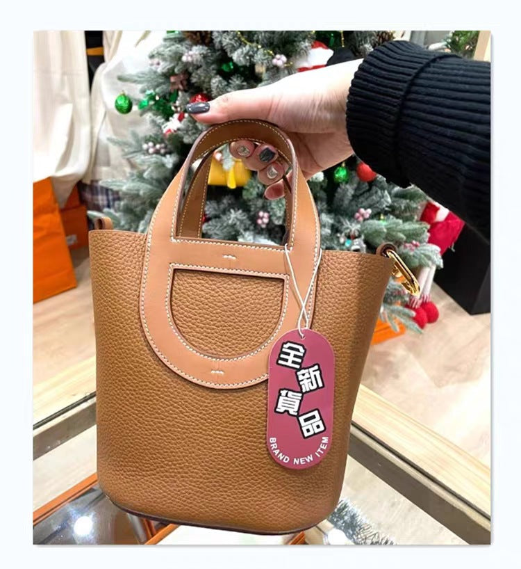 SEALBEER 2025 new pig nose vegetable basket bucket bag fashion portable women's bag lychee pattern first layer cowhide casual leather