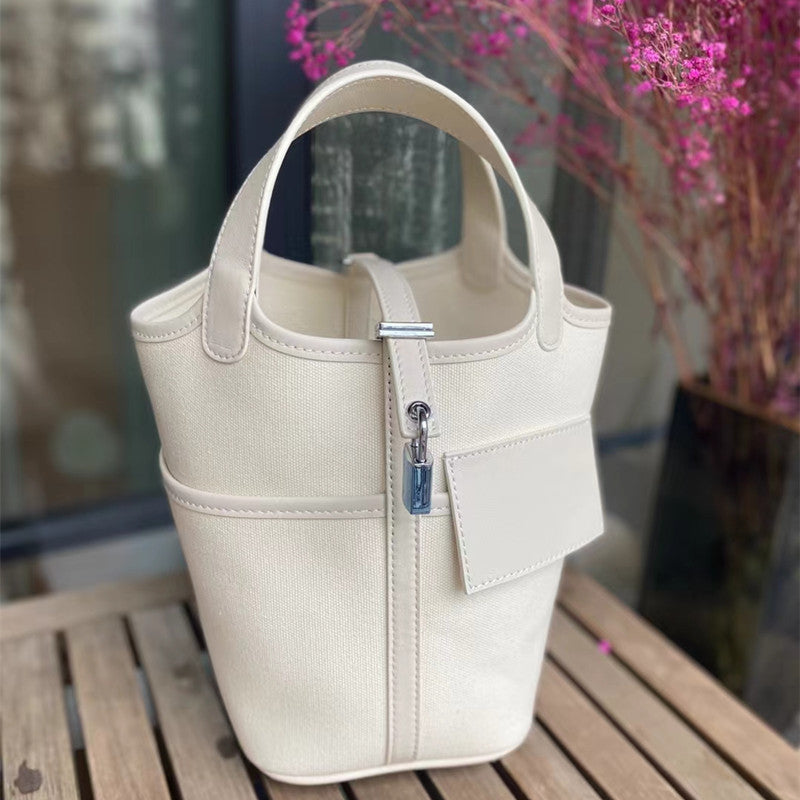 SEALBEER Hot trade new canvas vegetable basket bag SWIFT cowhide with canvas splicing vegetable basket bucket bag hand bag